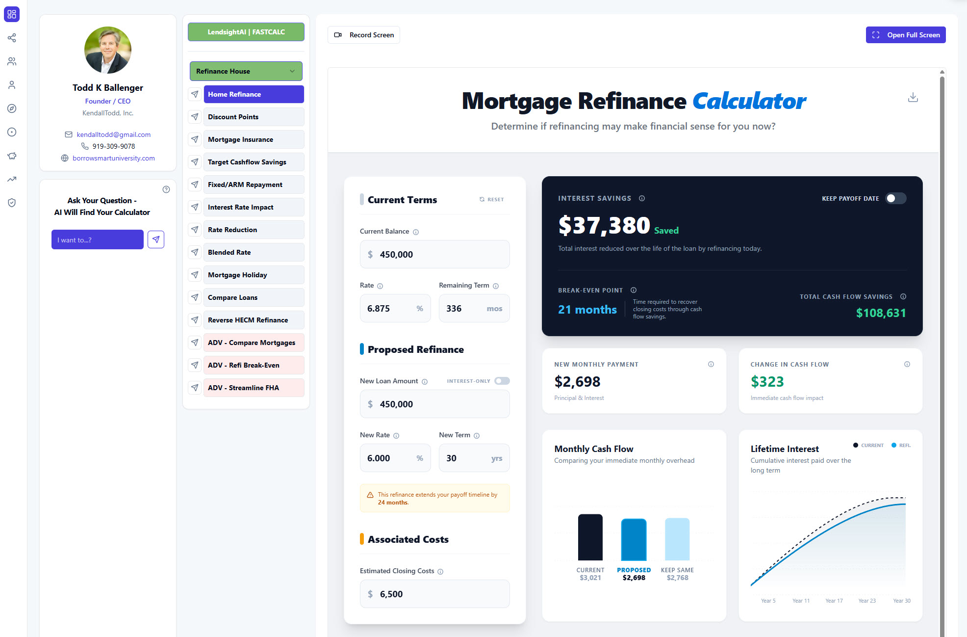 LendsightAI mortgage refinance calculator with live AI analysis